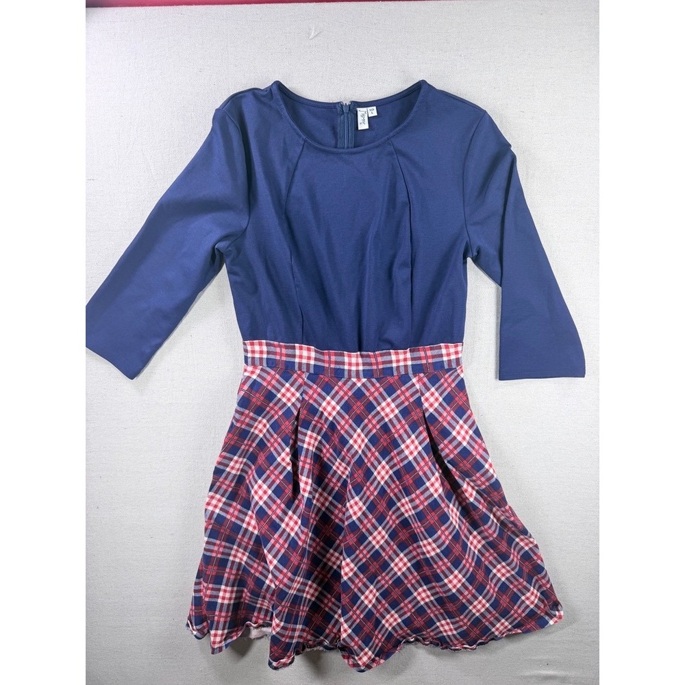 Missmy Navy Blue Plaid Fit and Flare Dress 3/4 Sleeve Pleated Skirt Size Large - Picture 3 of 8